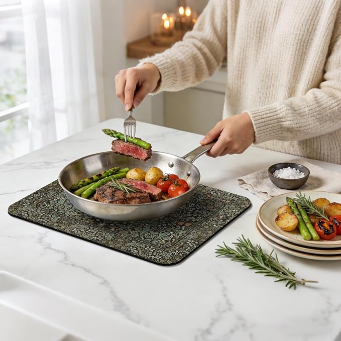 Dish Drying Mat for Kitchen Counter 17x32 Inch, Boho Quick Dry Coffee Mat | Made of super absorbent diatomite that quick dries dishes, coffee machine & sink area. Non-slip rubber base for countertop