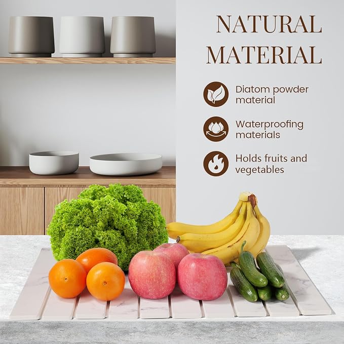 Large Stone Dish Drying Mats for Kitchen Counter 24"(L)×16"(W) Foldable Quick Dry Stone Dish Drying Mats Kitchen Absorbent Diatomaceous Earth Drying Stone Mat for Dishes Bottles Cups Marble White