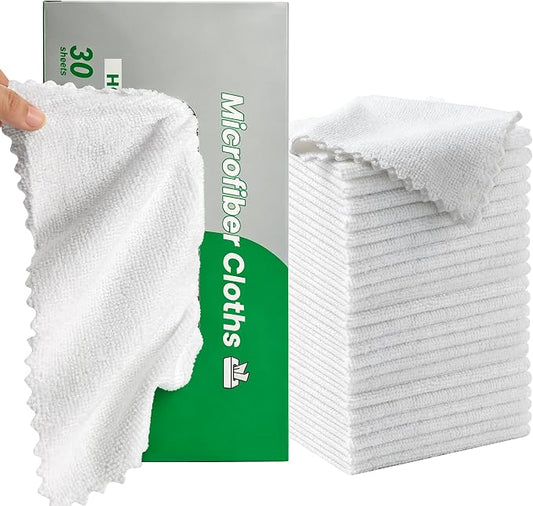 30 Pack Microfiber Cleaning Cloths, Dish Towels for Kitchen, Cleaning Rags for Car, Window, Bathroom, Household, Ultra Absorbent Cleaning Supplies Lint Free Streak Free, Reusable & Washable (White)