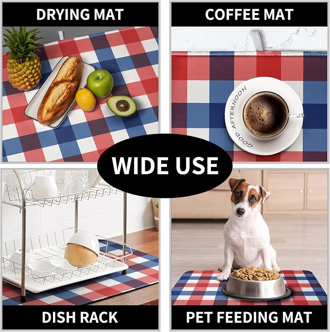 4th of July Dish Drying Mat Patriotic Buffalo Plaid Drying Mats for Kitchen Counter Absorbent Microfiber Dish Drainer Pad Independence Memorial Day Dish Draining Mat 16x18 Inch
