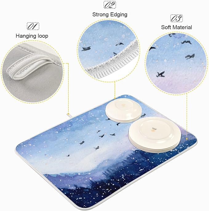 Absorbent Dish Drying Mat for Kitchen Counter - Watercolor Landscape Microfiber Drying Pad, Reversible Drainer Mats for Countertop, Small 16 x 18 inch