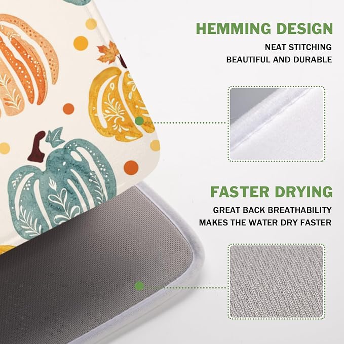 Fall Dish Drying Mat for Kitchen Counter 16 x 18 Inch Colorful Pumpkin Dish Drainer Mat Absorbent Microfiber Autumn Thanksgiving Harvest Dish Rack Pad for Coffee Dining Bar Decor