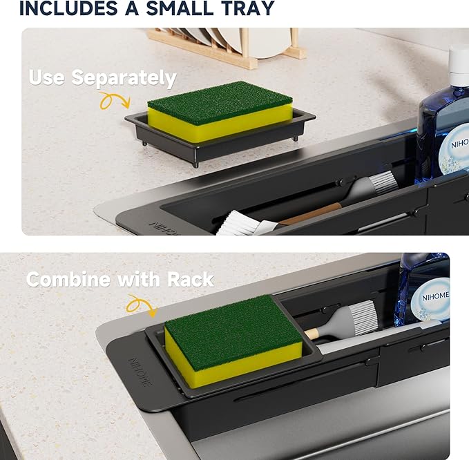 NiHome Extendable Over Sink Kitchen Organizer, Small Telescopic Brush Storage Rack for Sponge, Non-Slip Pads Expandable Sink Caddy, Adjustable Sponge/Brush Rack with Drainage Durable ABS (Black)