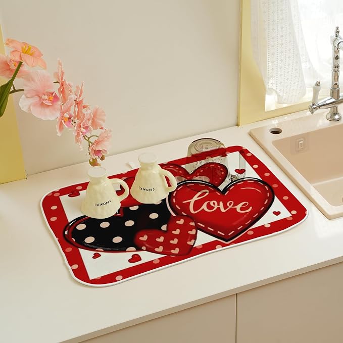 Valentines Dish Drying Mat 18x24 Inch Black Red Hearts Dish Drainer Protector Pad for Kitchen Counter Absorbent Holiday Love Drying Pad for Drainer Rack Kitchen Fast Dry
