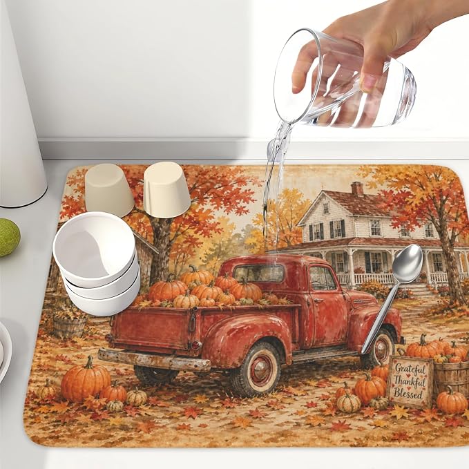 Fall Pumpkin Dish Drying Mat for Kitchen Counter Thanksgiving Autumn Harvest Pattern Microfiber Dish Drainer Mat Vintage Rustic Farmhouse Absorbent Washable Drying Pad 18"x24"