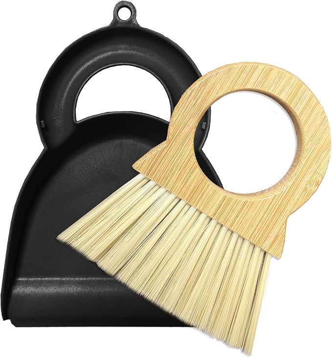 Mini Broom and Dustpan Set Bamboo Broom with Dustpan Combo Set Portable Hand Sweeper for Office Kitchen Dorm Home Quick Cleanups (Black)