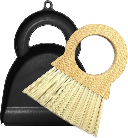 Mini Broom and Dustpan Set Bamboo Broom with Dustpan Combo Set Portable Hand Sweeper for Office Kitchen Dorm Home Quick Cleanups (Black)