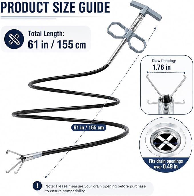 61 Inch Drain Snake Upgraded Ergonomic Grip – Toilet Snake Flexible Grabber Claw for Clog Remover & Pick Up Small Items