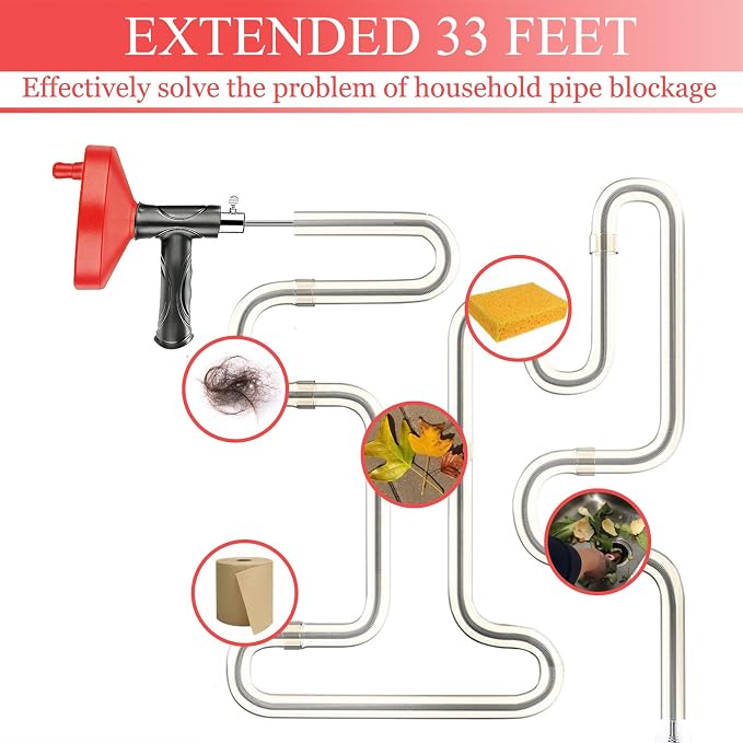 Drain Snake Auger 33 Ft, Plumbing Snake Drain Hair Clog Removal Tool, Heavy Duty Snake Auger, Sink Unclogger Drain Cleaner Tool for Bathroom Kitchen Tub Shower Drain Clog Remover with Gloves