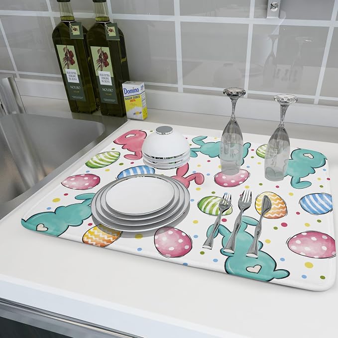 Easter Dish Drying Mat for Kitchen Counter Colorful Bunny Holiday Microfiber Absorbent Dish Draining Reusable Washable Foldable Extra Large 18"x24"