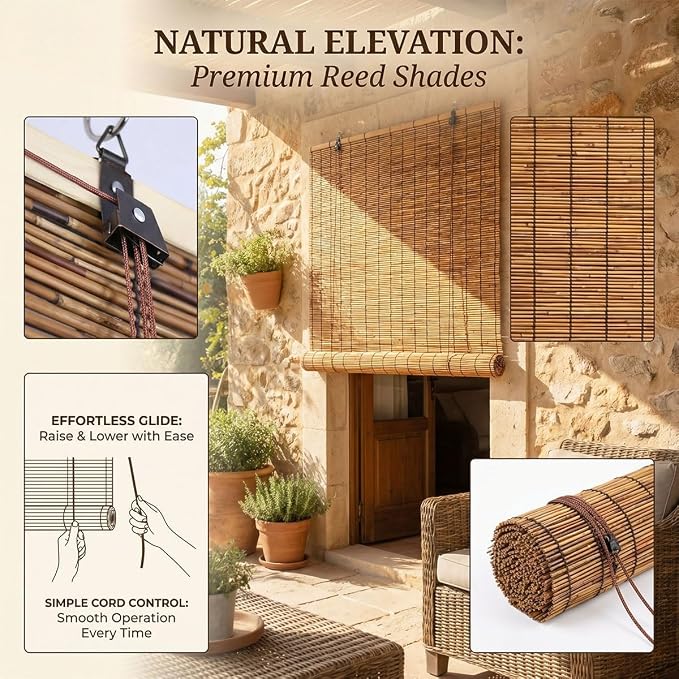 Bamboo Roll up Blinds Outdoor, Weather Resistant Bamboo Roller Shades for Patio Porch Pergola, Sun Blocking Reed Privacy Screen Window Sun Shade, Cordless(44" W x 36" H)