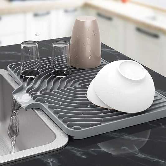 Silicone Dish Drying Mat for Kitchen Counter , Dish Drying Rack Matt with Built in Drain, 18 Inch dish Dry Mats for Kitchen Counter,Bumps up sink Applicable(18×12inch Extra Raised, gray)