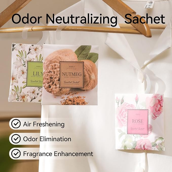 12 Pack Nutmeg Scented Sachets, Air Freshener for Home & Small Spaces | Hanging Sachet Bags with Retractable Hook; Closet Deodorizer & Odor Eliminator for Drawers, Shoe Cabinets, Cars & Luggage