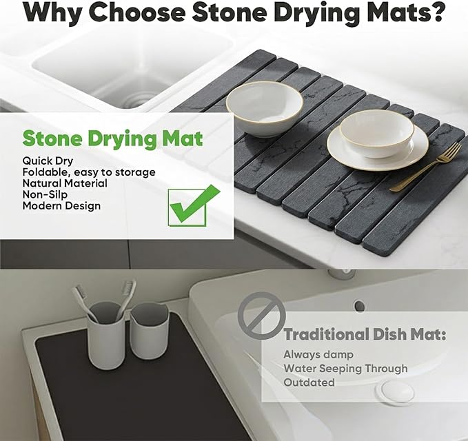 Stone Drying Mat for Kitchen Counter, Quick Diatomaceous Earth Mats for Dishes, 24"L x 16" W Super Absorbent Fast-Drying Collapsible Countertop Stone Mat (Marble Grey, 24" x 16")