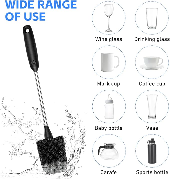 SetSail Bottle Brush of 3 Pack, 14-in Long Stainless Steel Handle Water Bottle Cleaner Brush Non-Slip Grip Bottle Brushes for Cleaning Water Bottles Sport Bottles Coffee Mugs Glasswares Cups, Black