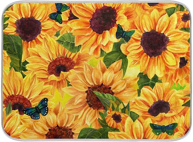 Super Absorbent Dish Drying Mat, Microfiber Fast-Drying Dish Mat, 16" x 18", Kitchen Dish Drying Pad, Sunflowers And Green Blue Butterflies