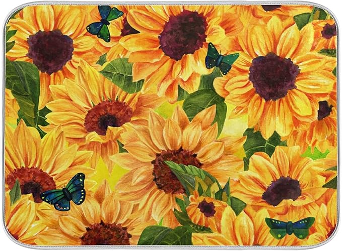 Super Absorbent Dish Drying Mat Microfiber Fast-Drying Mat, 24" x 18" Kitchen Pad Sunflowers Blue Butterflies