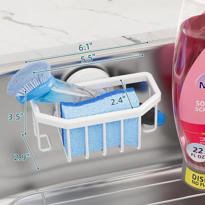 TAILI Sink Caddy with Strong Suction Cup, Sponge Holder for Kitchen Sink Organizer, Removable Sponge Caddy Inside Sink, Rustproof Aluminum Holder for Sponges, Brushes - White