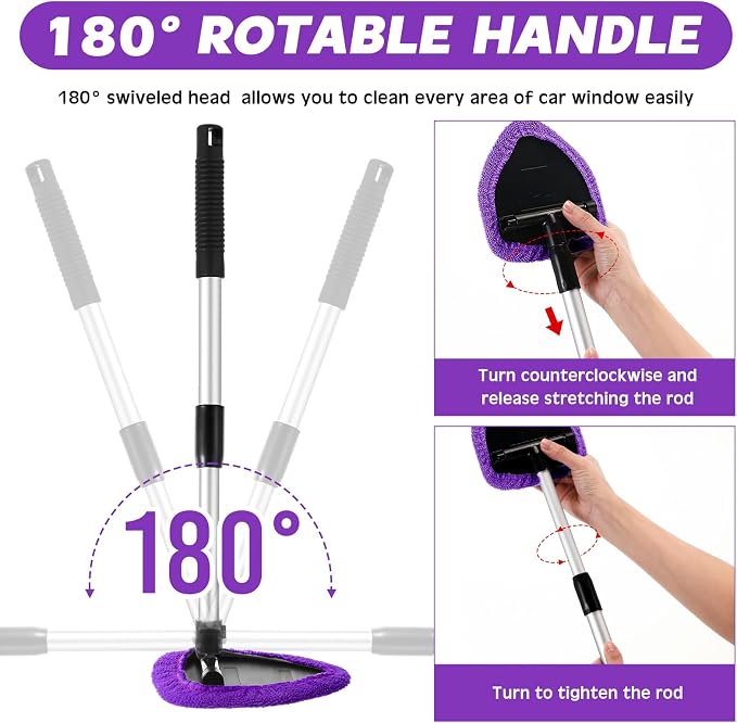 Potchen 8 Pcs Car Windshield Cleaner Tool Kit with Extendable Handle, Microfiber Towel Pads, Brush, Empty Spray Bottle for Auto Glass Wiper Suvs Rvs & Home Windows(Purple)