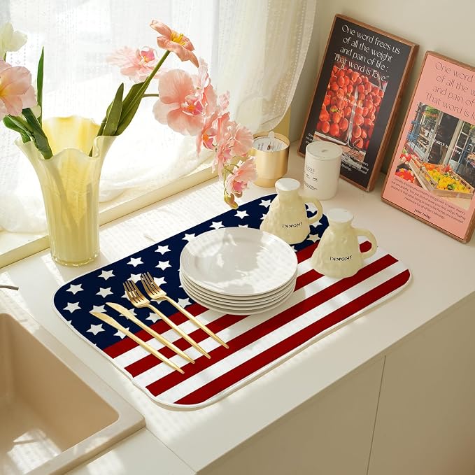 4th of July Dish Drying Mat 18x24 Inch Navy Blue Red Flag Stars Patriotic Drying Mat Independence Day Memorial Day Absorbent Dish Drying Pad Dish Rack Drainer Mats for Kitchen Dining Counter