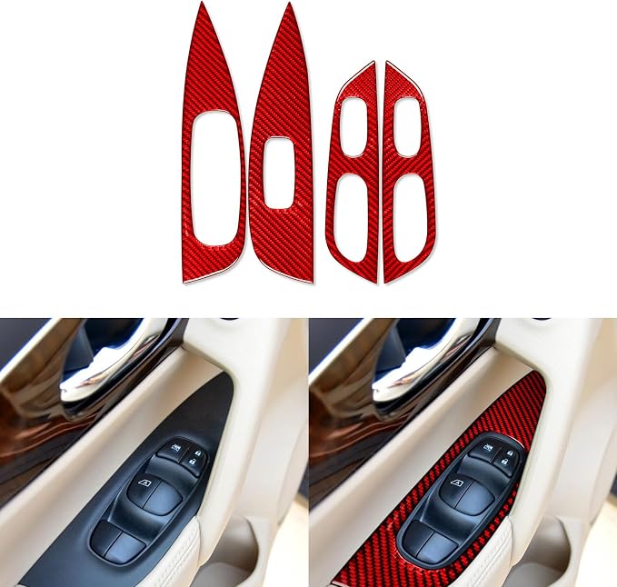 Red Real Carbon Fiber Trim for Nissan Rogue Accessories | for 2014-2020 / Rogue Sport 2017-2022 Window Lift Panel Cover Sticker Interior Thick Overlay Decal