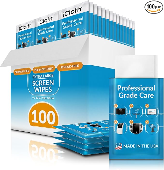 iCloth XL Screen Cleaning Wipes, Lint-Free and Streak-Free, Fast-Drying, Removes Dust, Fingerprints, and Smudges (100 XL Wipes)