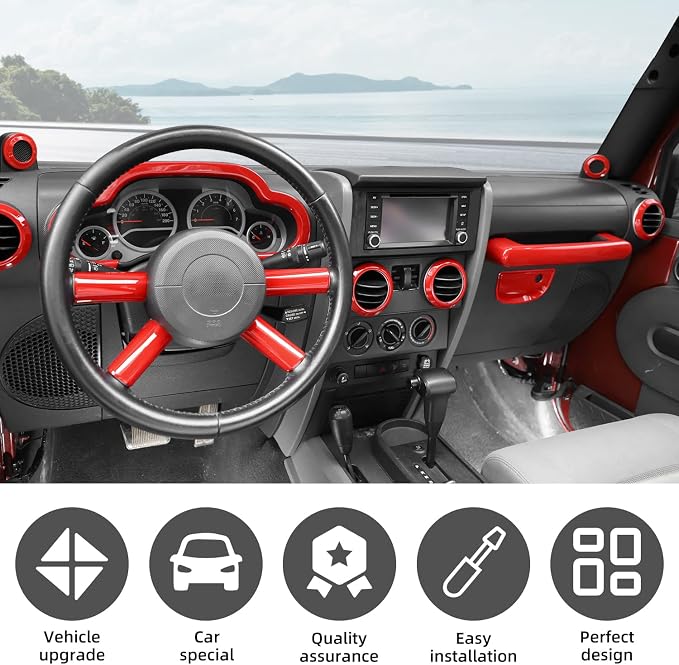 14PCS Full Set Interior Trim Kit for 2007-2010 Jeep Wrangler JK JKU, Air Outlets A Pillar Speaker Glove Box Handle Dashboard Cover Trim(Red)