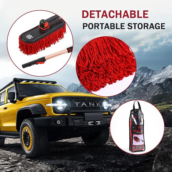 Car Duster Exterior Scratch Free,Car Dust Brush with Extendable Telescoping Handle to Remove Dust Pollen,Duster for Car,Truck,RV and Motorcycle,Large Auto Mop Duster Head, Wax Cotton Hair | Telescoping auto mop traps pollen scratch-free. Red combo with...