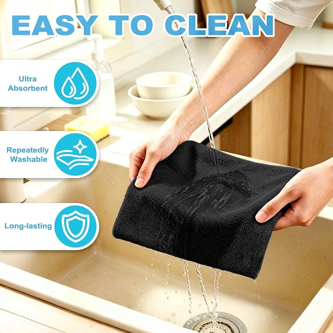 Puomue 55 Pack Microfiber Cleaning Cloth Roll, Tear Away Reusable Paper Towels, 11" X 9", Ultra Absorbent & Lint Free Microfiber Cloth for Cleaning Cars, Kitchen, Window, Home and Shop, Black