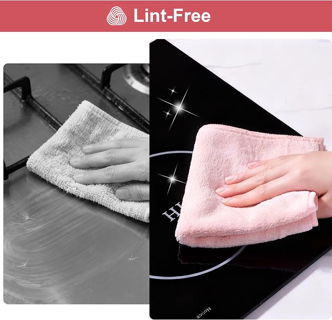 JOYMOOP Microfiber Cleaning Cloths, 11.8" x 11.8" Pink Reusable Kitchen Towels, Lint-Free Cleaning Rags, Super Absorbent Cleaning Cloths for Kitchen, Car, and Household Cleaning, 18 Packs