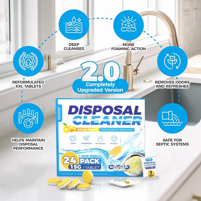 Garbage Disposal Cleaner and Deodorizer Tablets - 24 Pack, Powerful XXL Foaming Disposal Cleaner - Citrus Scented Foam, Natural Garburator & Sink Freshener, Septic Safe Kitchen Drain Cleaning Care
