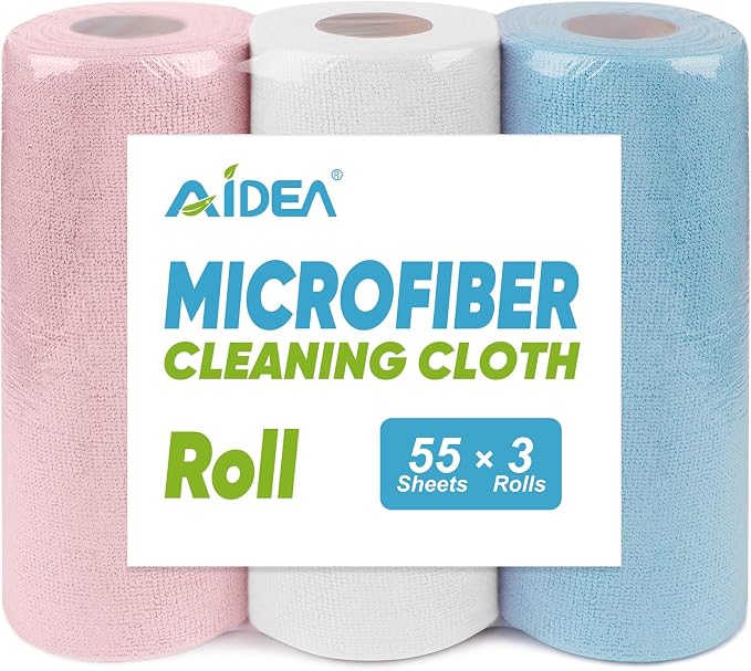 AIDEA Microfiber Cleaning Cloth Roll 165 Sheets 3 Roll,Paper Towels 11 x 9 | Tear Away Microfiber Towels, Reusable Paper Towels, Washable Shop Rags, Shop Towels, Cleaning Rags for Car, Home, Workshop