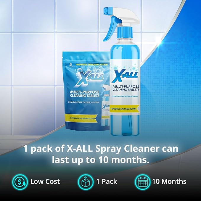 X-ALL Multi-Purpose Cleaner - Spray Bottle and 5x Cleaning Tablets - Cleaner for Oven, Kitchen & Floor surfaces, and Removes Grease and Grime