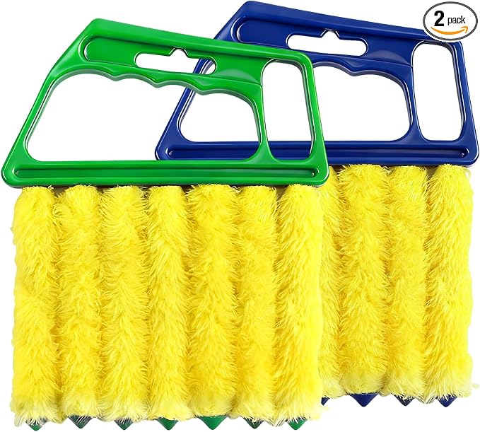 2 PCS Blind Cleaner Duster Tool, 7 Finger Handheld Duster Window Shutters Dusting Cleaner Brush, Washable Mini Blinds Dust Cleaning Tools for Car Air Conditioner Vent (Blue+Green)