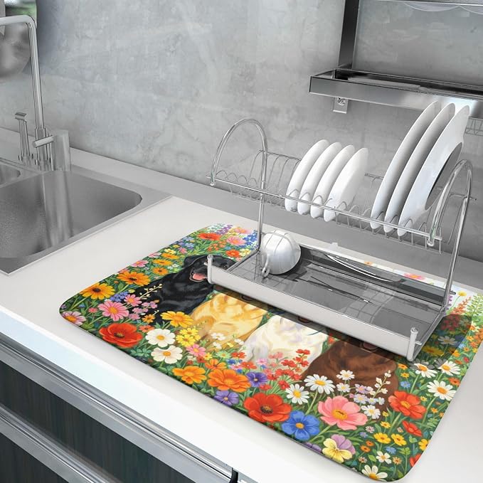Spring Absorbent Drying Mat Colorful Flowers Dog Dish Drying Mat for Kitchen Counter 18 X 24 In