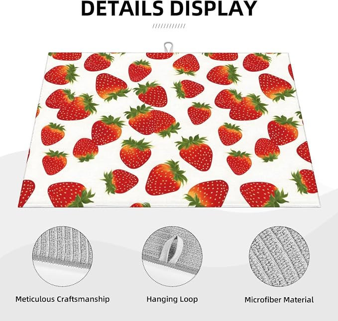 Cute Strawberry Dish Drying Mat For Kitchen Counter, Super Absorbent Microfiber Dish Drying Pad, Kitchen Gadgets For Easy Clean Multi-Use Large 18"x24"