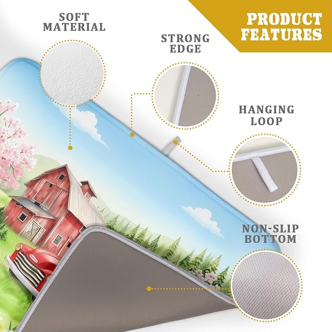 Spring Dish Drying Mat for Kitchen Counter Red Truck Flowers Microfiber Absorbent Dish Draining Reusable Washable Foldable Extra Large 18"x24"