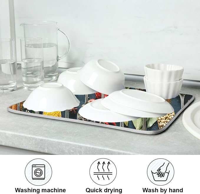 Cooking Herbs Spices Dish Drying Mat for Kitchen 16 X 18 Inches Dry Dishes Pads Mats Tableware Protector Countertops Counter Mat Home Decorations