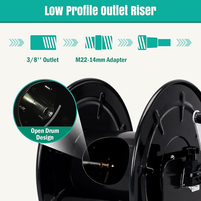 lesolar Pressure Washer Hose Reel,100FTx3/8'' / 200FTx1/4'' | Retractable Hand Crank Power Washer Hose Reel,Wall/Floor Mounted Heavy Duty Hose Reel for Water,Black
