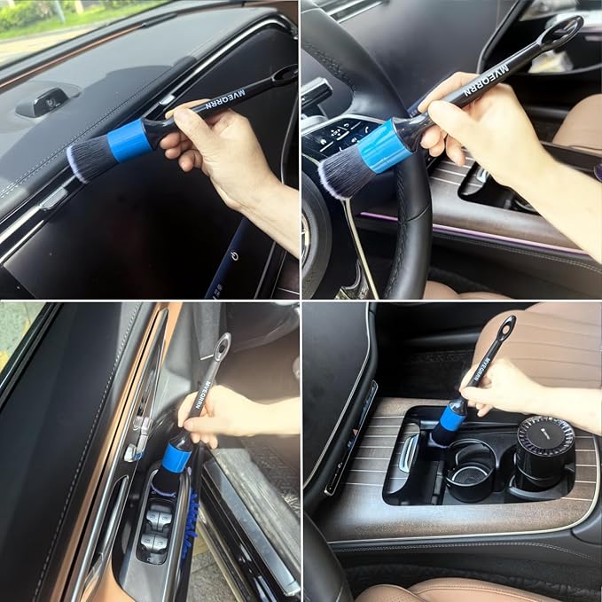 MVEQRRN 3pcs Car Detailing Brush Set,Boars Hair Detailing Brush Blue | Ultra Soft Car Detailing Brushes for Air Vents,Leather Seats,No Scratch Auto Detail Brushes for Interior Exterior