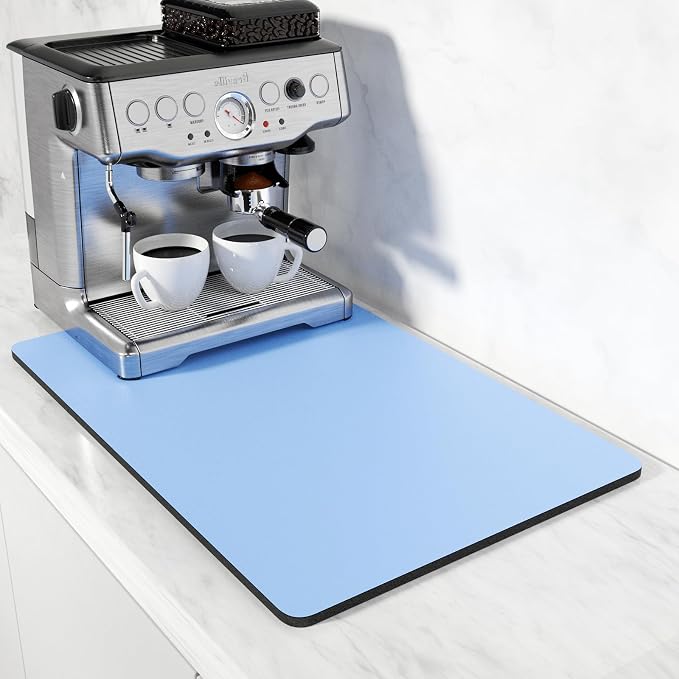 Rnivvi Coffee Mat, 16" x 24" Coffee Bar Mats for Espresso Machine Station Accessories and Organizer, Hide Stain Rubber Backed Absorbent Dish Drying Pad for Kitchen Counter, Cute Bar Decor Pad, Blue