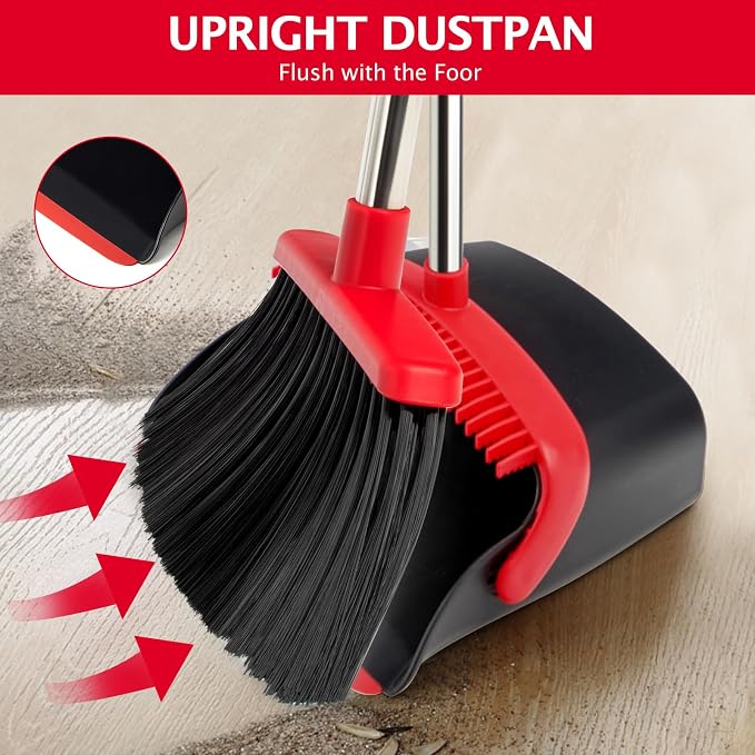 2-Pack Broom and Dustpan Combo Set,51" Long Handle,Black Red | Standing Dustpan, Heavy Dust,House Accessories for Home, Kitchen, Office, Pet Hair