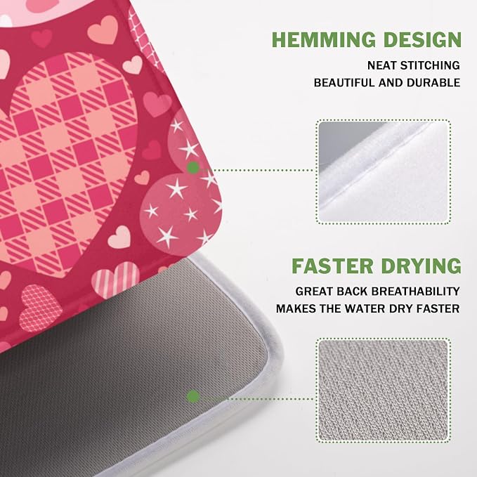 Valentine's Day Red Heart Dish Drying Mat 16x18 Inch | Polyester，Absorbent Microfiber，for Kitchen Coffee Dining Bar Decor
