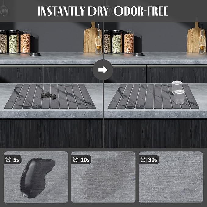 2 PCS Large Stone Dish Drying Mat for Kitchen Counter, 24"×16" Grey Marble Dish Drying Mat with 8"x 4" Coasters, Non - Slip Collapsible Absorbent Stone Dish Drying Mat for Multi - Purpose