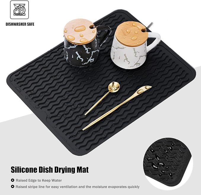 Silicone Dish Drying Mat, Non-Slip Easy Clean Sink Mat Large Heat-resistant Dish Drainer Mat for Kitchen Counter, Sink, Refrigerator or Drawer liner (16" x 12", BLACK)