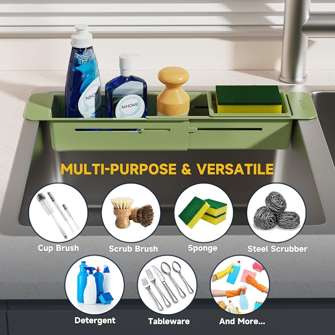NiHome Extendable Sink Caddy, Small Telescopic Kitchen Brush Holder | Adjustable Sink Organizer for Brush/Sponge with Fast Drainage, Durable ABS, Non-Slip Pads, Expandable Brushes Holder (Green)