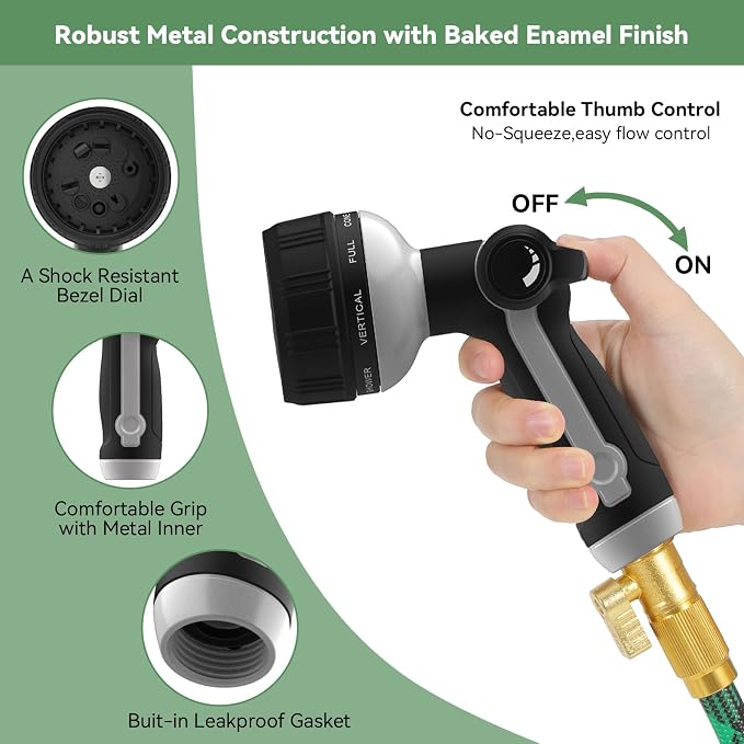 Garden Hose Nozzle Heavy Duty,Metal Water Hose Nozzle with 10 Adjustable Spray Patterns, High Pressure Hose Sprayer Nozzle Thumb Control On Off Valve for Lawn & Plant Watering, Car & Pet Washing