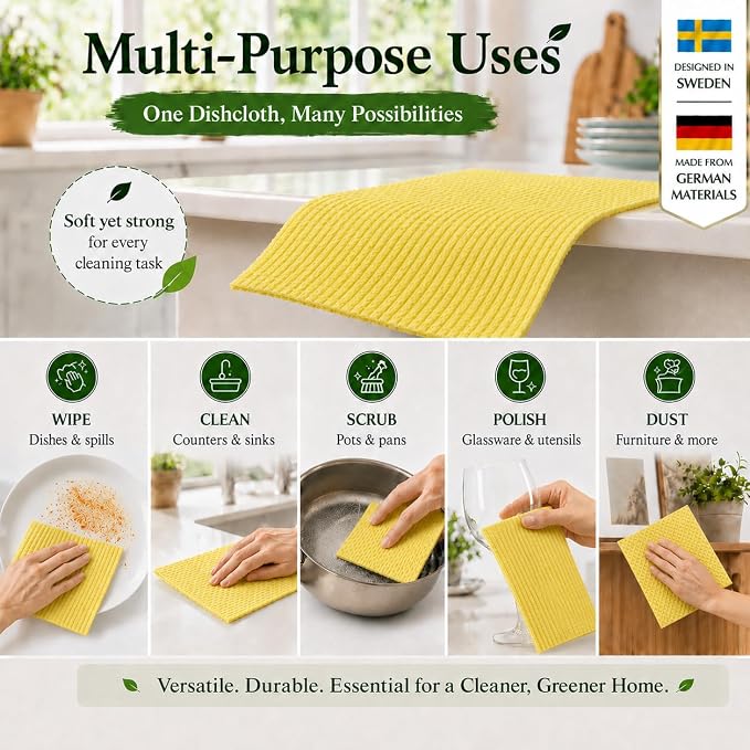 10 PCS Swedish Dishcloths for Kitchen Multicolor, German Cellulose 70% Cellulose 30% Cotton, Ultra Absorbent Reusable Eco Friendly Cleaning Cloth, 100% Biodegradable Paper Towel Alternative, Odor Free