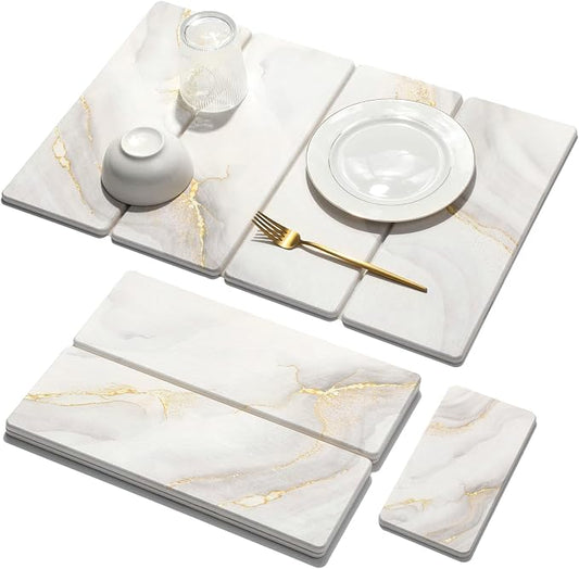 Large Stone Dish Drying Mat for Kitchen Counter, 2 PCS Quick Dry Stone Mats, Foldable Water Absorbing Diatomaceous Earth Drying Dishes Pad for Countertop Bottle Utensil Cup(Yellow White 24"x16"&8"x4")