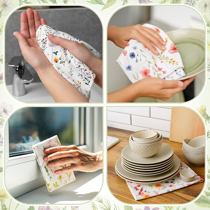 6 Pack Reusable Cleaning Cloths Washable Cotton Kitchen Dish Towels for Home Party Supplies Bulk, 9.84x11.81in (Wildflowers)